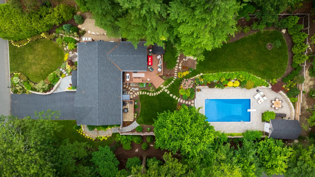 aerial view of a landscape design project in Massachusetts by Lynch Landscape & tree Service