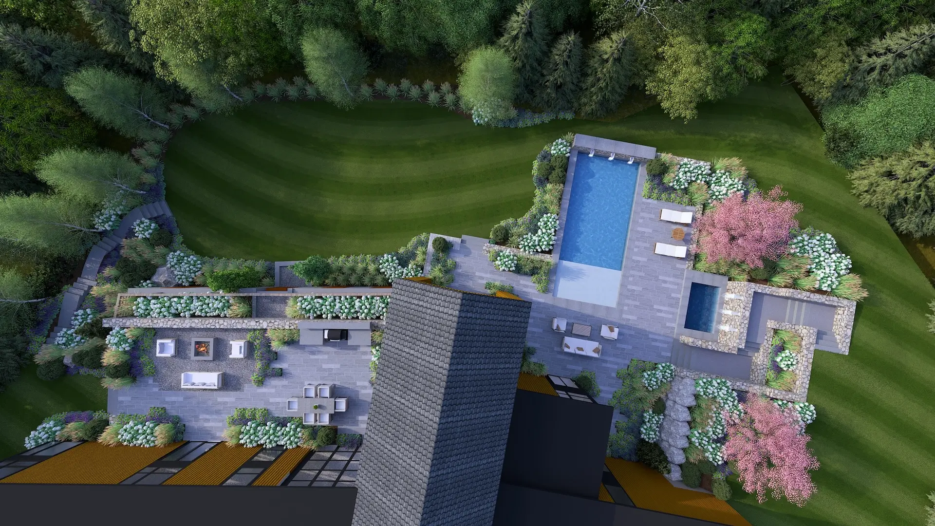 aerial shot of a landscape design project by Lynch Landscape & tree Service